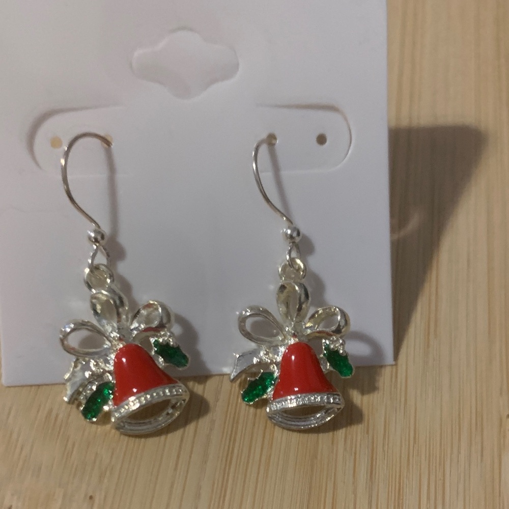 NWOT Festive Silver and Red Bell Earrings
